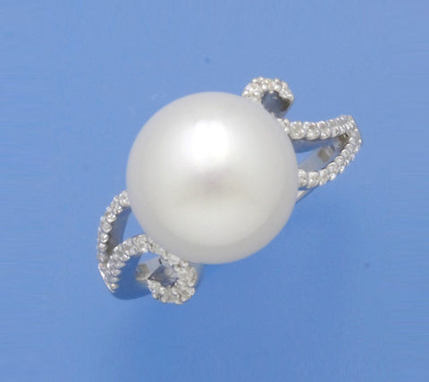 Sterling Silver Ring with 12-12.5mm Button Shape Freshwater Pearl and Cubic Zirconia