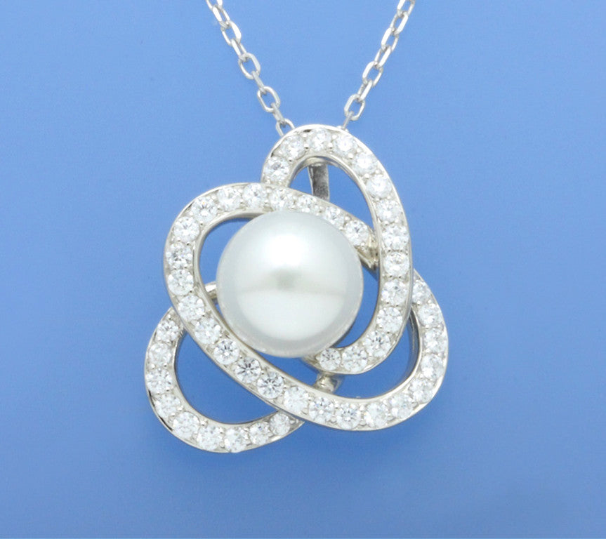 Sterling Silver Pendant with 11.5-12mm Button Shape Freshwater Pearl and Cubic Zirconia - Wing Wo Hing Jewelry Group - Pearl Jewelry Manufacturer