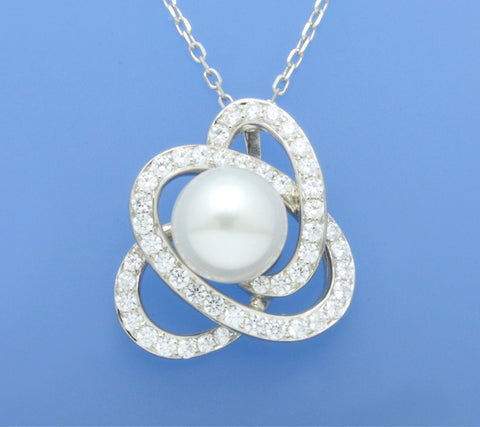 Sterling Silver Pendant with 11.5-12mm Button Shape Freshwater Pearl and Cubic Zirconia