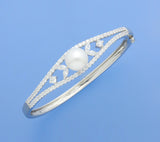 Sterling Silver Bangle with 10.5-11mm Button Shape Freshwater Pearl and Cubic Zirconia - Wing Wo Hing Jewelry Group - Pearl Jewelry Manufacturer