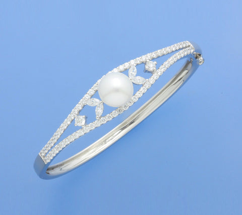 Sterling Silver Bangle with 10.5-11mm Button Shape Freshwater Pearl and Cubic Zirconia