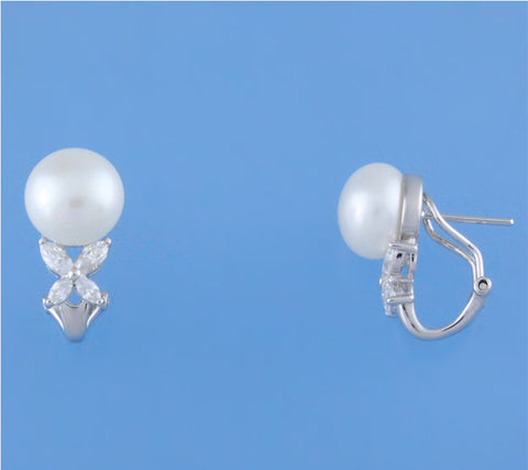 Sterling Silver Earrings with 10.5-11mm Button Shape Freshwater Pearl and Cubic Zirconia