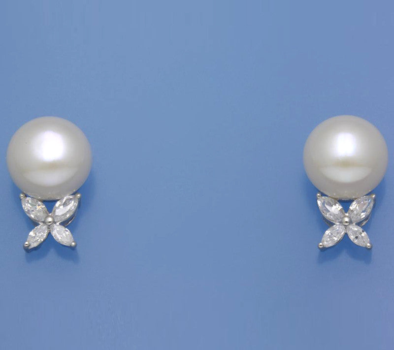 Sterling Silver Earrings with 10.5-11mm Button Shape Freshwater Pearl and Cubic Zirconia - Wing Wo Hing Jewelry Group - Pearl Jewelry Manufacturer