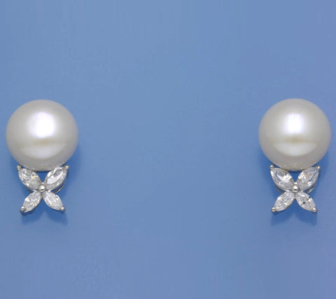 Sterling Silver Earrings with 10.5-11mm Button Shape Freshwater Pearl and Cubic Zirconia
