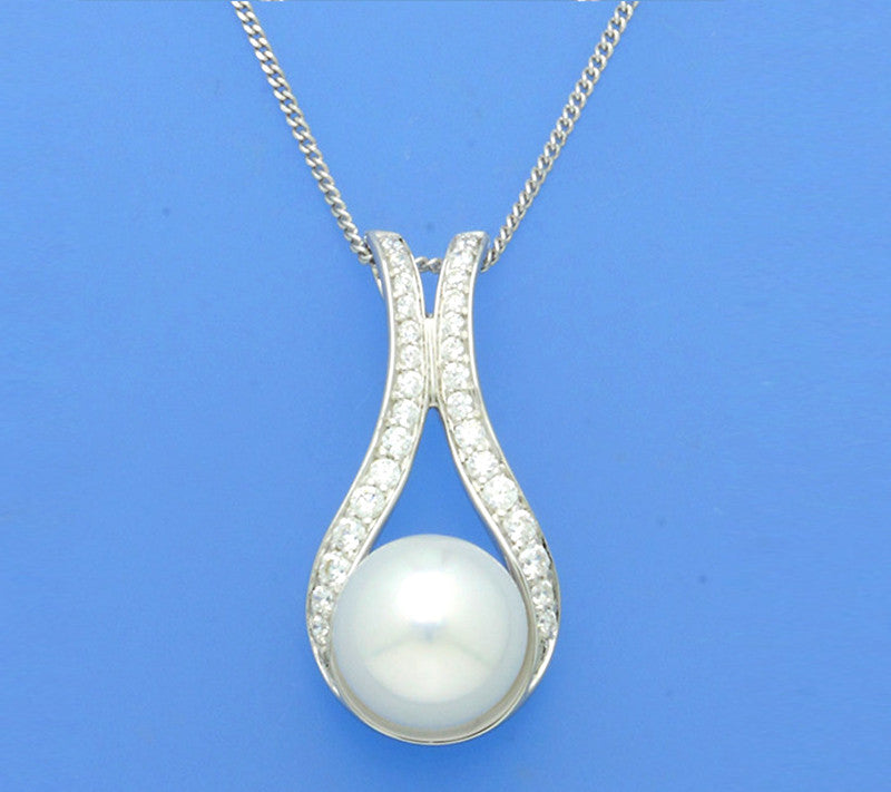 Sterling Silver Pendant with 10.5-11mm Button Shape Freshwater Pearl and Cubic Zirconia - Wing Wo Hing Jewelry Group - Pearl Jewelry Manufacturer