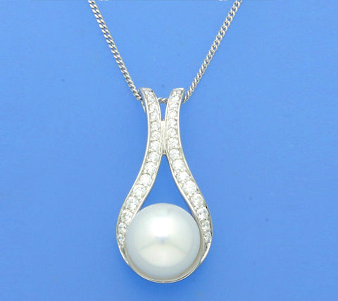 Sterling Silver Pendant with 10.5-11mm Button Shape Freshwater Pearl and Cubic Zirconia