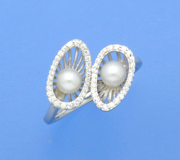 Sterling Silver Ring with 4-4.5mm Button Shape Freshwater Pearl and Cubic Zirconia - Wing Wo Hing Jewelry Group - Pearl Jewelry Manufacturer