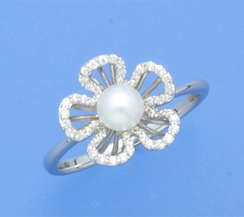 Sterling Silver Ring with 5-5.5mm Button Shape Freshwater Pearl and Cubic Zirconia - Wing Wo Hing Jewelry Group - Pearl Jewelry Manufacturer