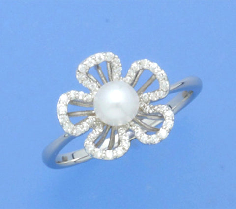 Sterling Silver Ring with 5-5.5mm Button Shape Freshwater Pearl and Cubic Zirconia