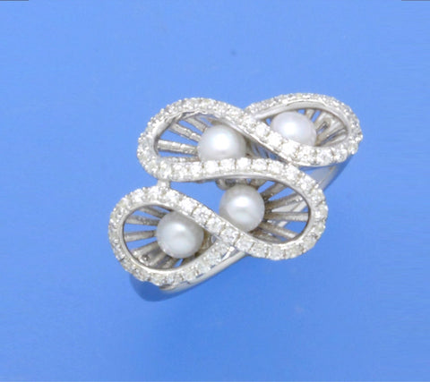 Sterling Silver Ring with 3-3.5mm Button Shape Freshwater Pearl and Cubic Zirconia