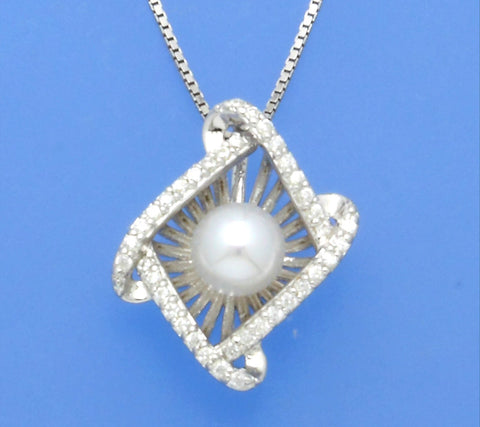 Sterling Silver Pendant with 5-5.5mm Button Shape Freshwater Pearl and Cubic Zirconia