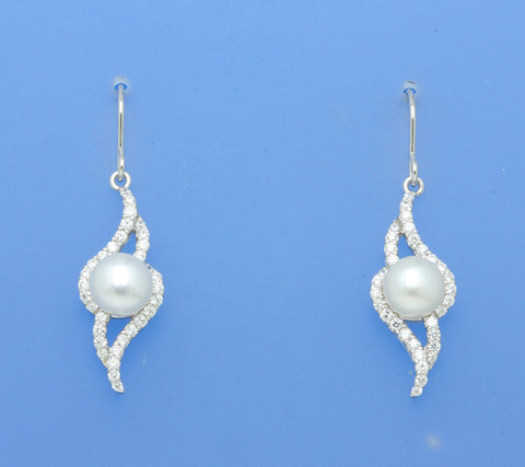 Sterling Silver Earrings with 8-8.5mm Button Shape Freshwater Pearl and Cubic Zirconia