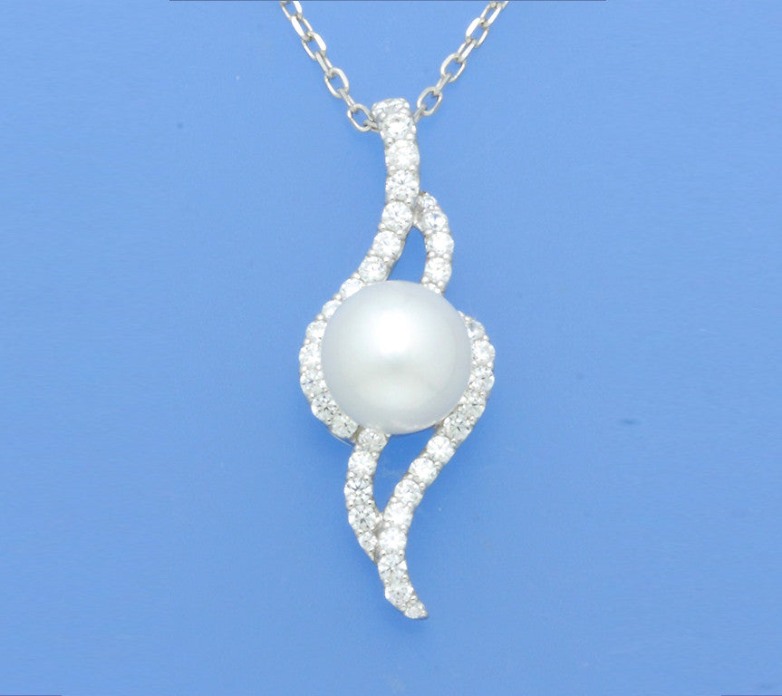 Sterling Silver Pendant with 10-10.5mm Button Shape Freshwater Pearl and Cubic Zirconia - Wing Wo Hing Jewelry Group - Pearl Jewelry Manufacturer