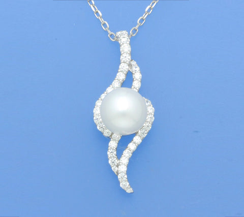 Sterling Silver Pendant with 10-10.5mm Button Shape Freshwater Pearl and Cubic Zirconia