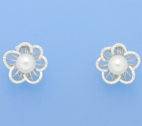Sterling Silver Earrings with 7-7.5mm White Button Shape Freshwater Pearl and Cubic Zirconia