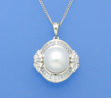 Sterling Silver Pendant with 10-10.5mm Button Shape Freshwater Pearl and Cubic Zirconia - Wing Wo Hing Jewelry Group - Pearl Jewelry Manufacturer
