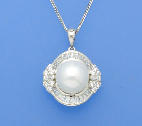 Sterling Silver Pendant with 10-10.5mm Button Shape Freshwater Pearl and Cubic Zirconia