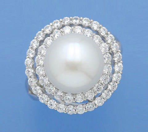 Sterling Silver Ring with 12-12.5mm Button Shape Freshwater Pearl and Cubic Zirconia