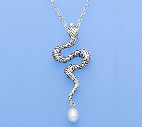 White and Black Plated Silver Pendant with 4.5-5mm Oval Shape Freshwater Pearl