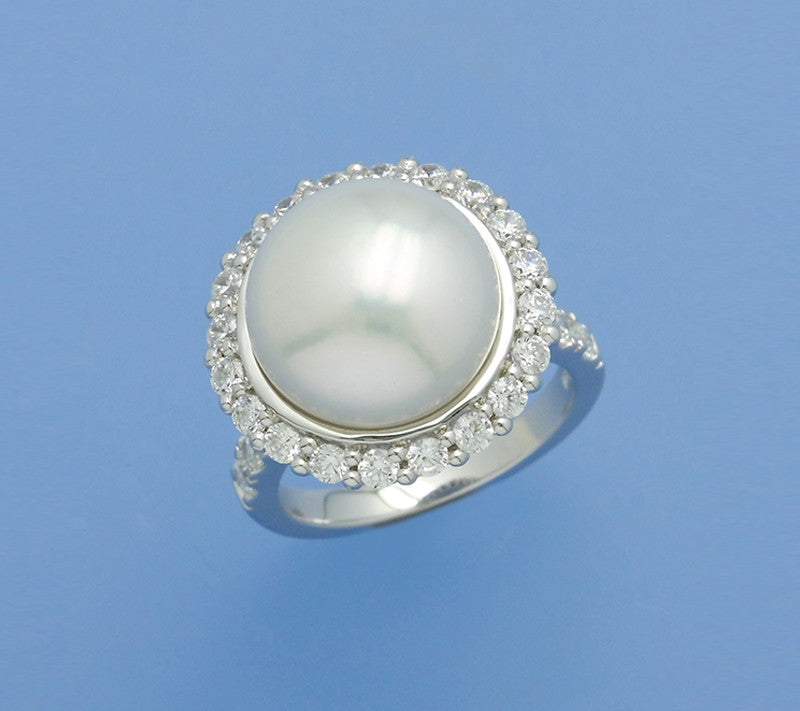 Sterling Silver Ring with 13.5-14mm Button Shape Freshwater Pearl and Cubic Zirconia - Wing Wo Hing Jewelry Group - Pearl Jewelry Manufacturer