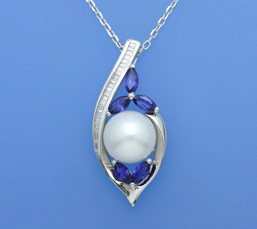 Sterling Silver Pendant with 11-11.5mm Button Shape Freshwater Pearl and Cubic Zirconia - Wing Wo Hing Jewelry Group - Pearl Jewelry Manufacturer