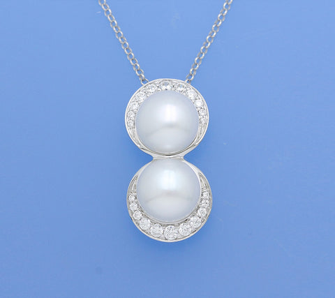 Sterling Silver Pendant with 9.5-10mm Button Shape Freshwater Pearl and Cubic Zirconia