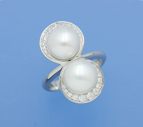 Sterling Silver Ring with 9.5-10mm Button Shape Freshwater Pearl and Cubic Zirconia