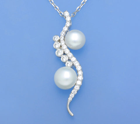 Sterling Silver Pendant with Button Shape Freshwater Pearl and Cubic Zirconia