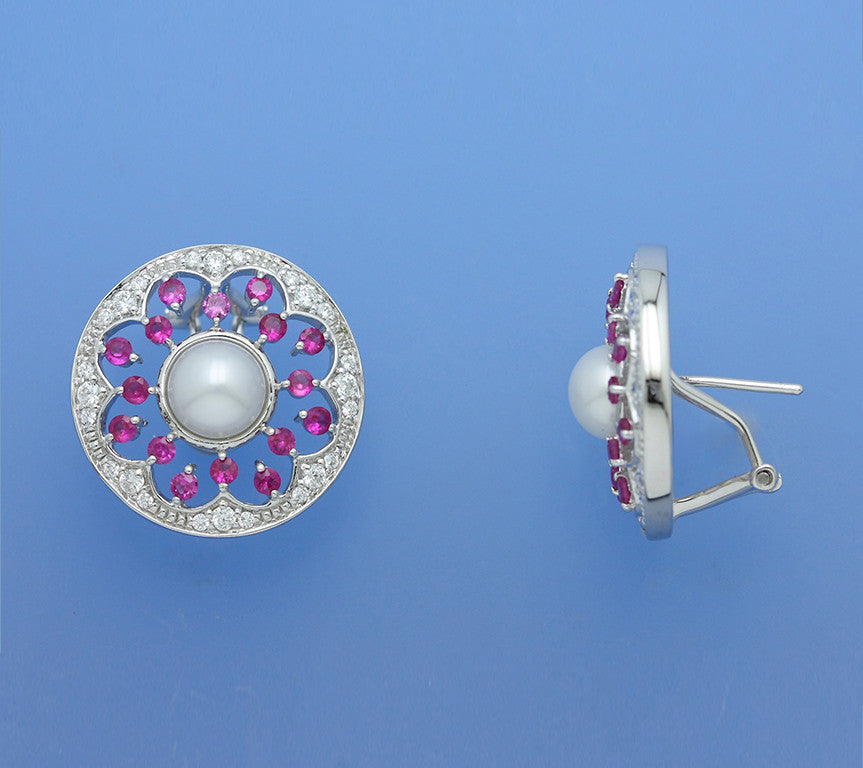 Sterling Silver Earrings with 6.5-7mm Button Shape Freshwater Pearl, Red Corundum and Cubic Zirconia - Wing Wo Hing Jewelry Group - Pearl Jewelry Manufacturer