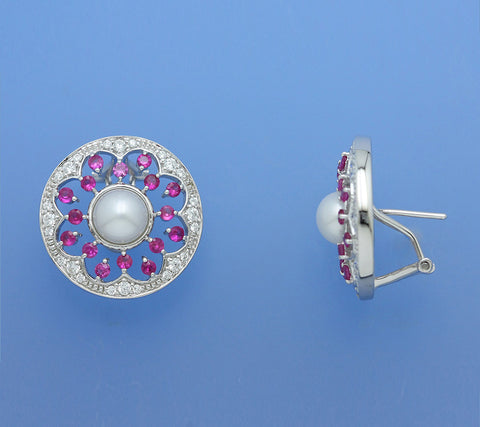Sterling Silver Earrings with 6.5-7mm Button Shape Freshwater Pearl, Red Corundum and Cubic Zirconia