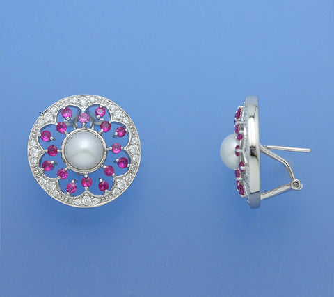 Sterling Silver Earrings with 6.5-7mm Button Shape Freshwater Pearl, Red Corundum and Cubic Zirconia