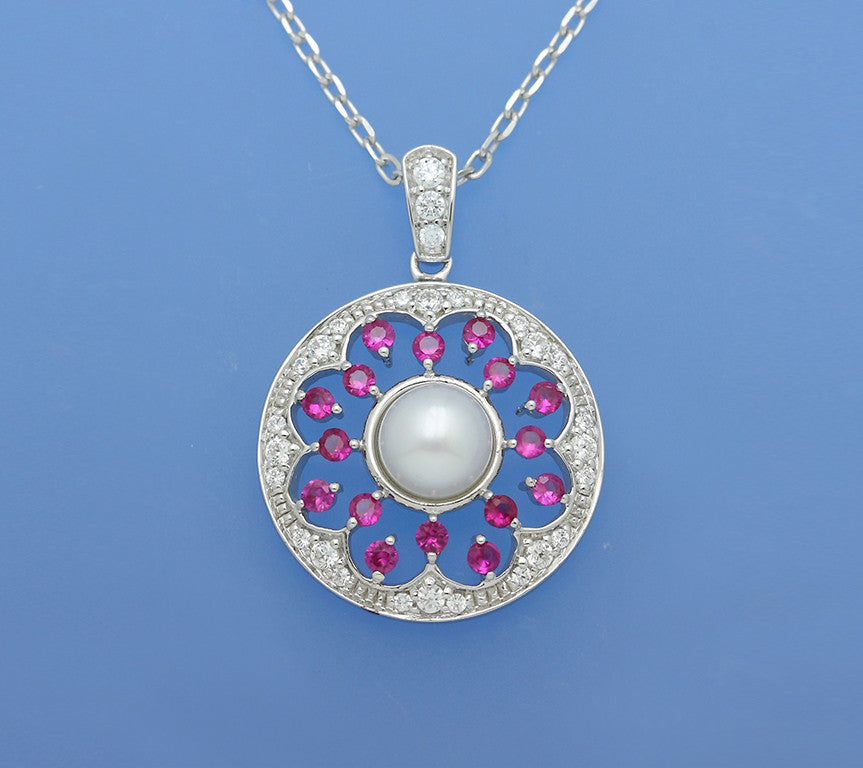 Sterling Silver Pendant with 6.5-7mm Button Shape Freshwater Pearl and Cubic Zirconia - Wing Wo Hing Jewelry Group - Pearl Jewelry Manufacturer