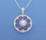 Sterling Silver Pendant with 6.5-7mm Button Shape Freshwater Pearl and Cubic Zirconia - Wing Wo Hing Jewelry Group - Pearl Jewelry Manufacturer