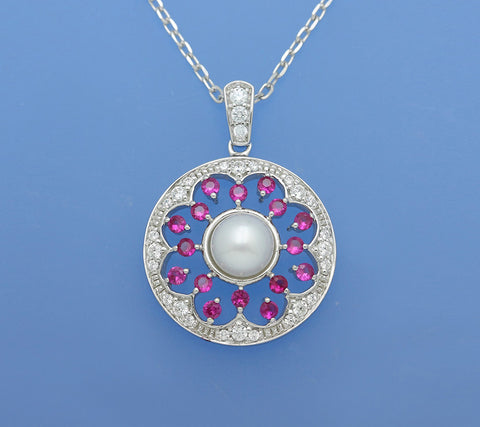 Sterling Silver Pendant with 6.5-7mm Button Shape Freshwater Pearl and Cubic Zirconia