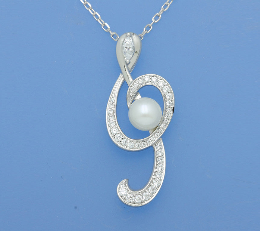 Sterling Silver Pendant with 7-7.5mm Button Shape Freshwater Pearl and Cubic Zirconia - Wing Wo Hing Jewelry Group - Pearl Jewelry Manufacturer