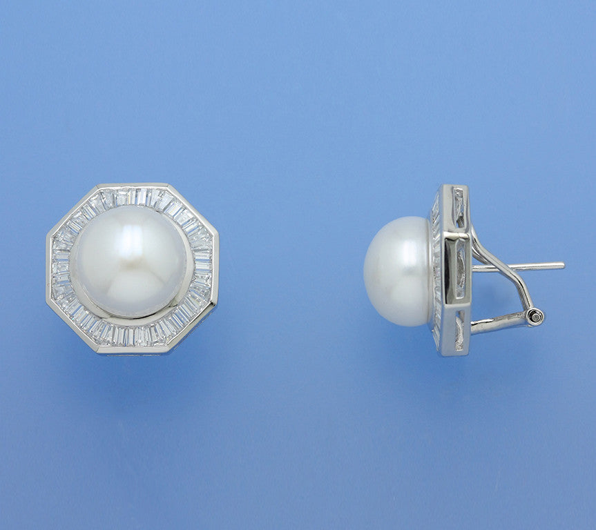 Sterling Silver Earrings with 11-11.5mm Button Shape Freshwater Pearl and Cubic Zirconia - Wing Wo Hing Jewelry Group - Pearl Jewelry Manufacturer