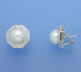 Sterling Silver Earrings with 11-11.5mm Button Shape Freshwater Pearl and Cubic Zirconia - Wing Wo Hing Jewelry Group - Pearl Jewelry Manufacturer