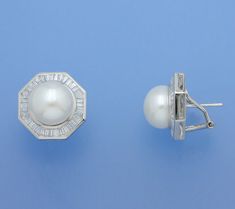 Sterling Silver Earrings with 11-11.5mm Button Shape Freshwater Pearl and Cubic Zirconia