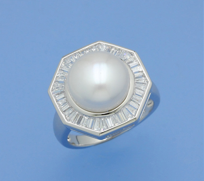 Sterling Silver Ring with 11-11.5mm Button Shape Freshwater Pearl and Cubic Zirconia - Wing Wo Hing Jewelry Group - Pearl Jewelry Manufacturer