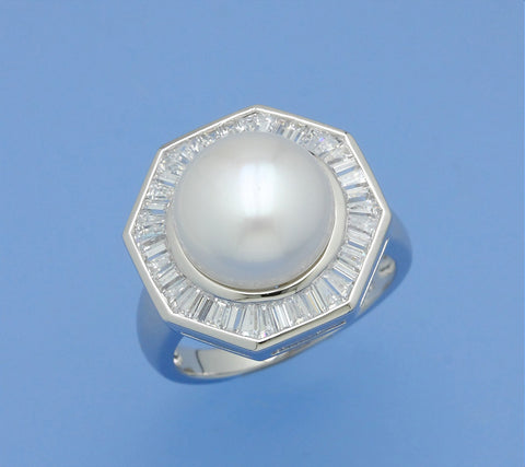 Sterling Silver Ring with 11-11.5mm Button Shape Freshwater Pearl and Cubic Zirconia