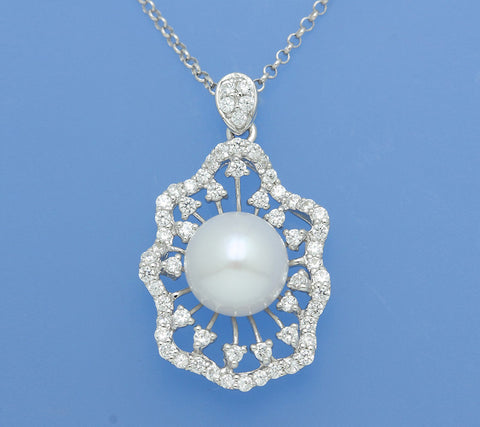 Sterling Silver Pendant with 9-9.5mm Button Shape Freshwater Pearl and Cubic Zirconia