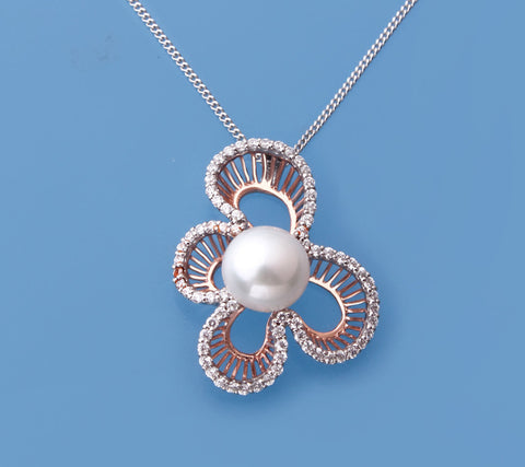 Rose Gold Plated Silver Pendant with 9.5-10mm Button Shape Freshwater Pearl and Cubic Zirconia
