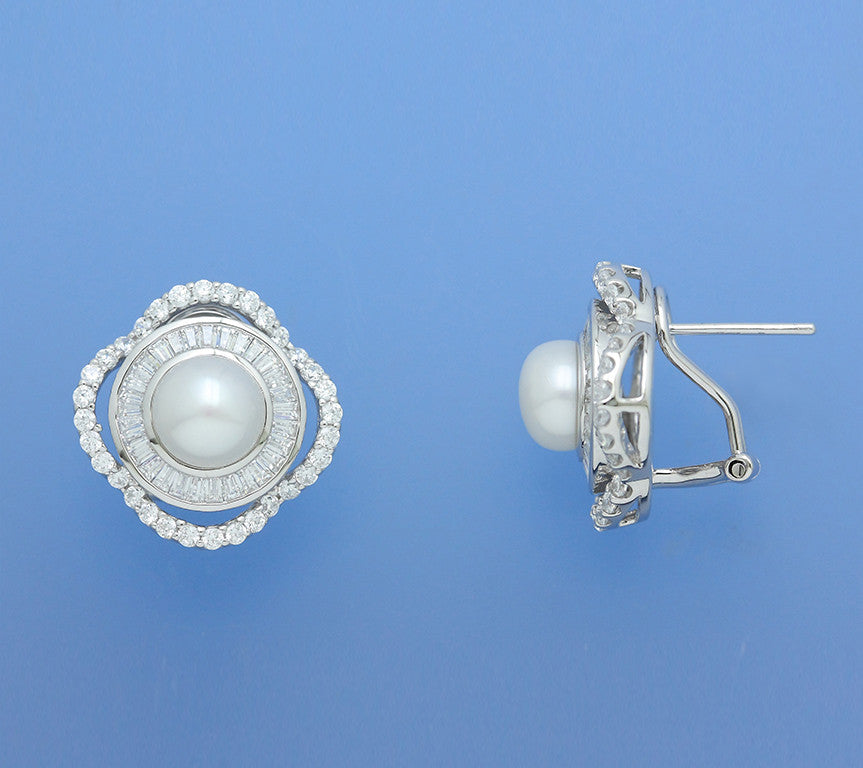 Sterling Silver Earrings with 7-7.5m Button Shape Freshwater Pearl and Cubic Zirconia - Wing Wo Hing Jewelry Group - Pearl Jewelry Manufacturer