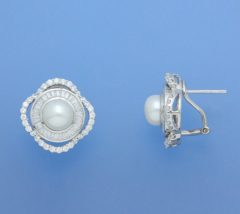 Sterling Silver Earrings with 7-7.5m Button Shape Freshwater Pearl and Cubic Zirconia
