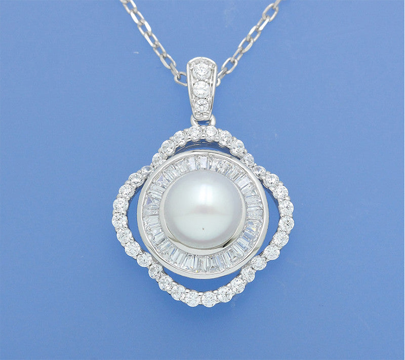 Sterling Silver Pendant with 8-8.5mm Button Shape Freshwater Pearl and Cubic Zirconia - Wing Wo Hing Jewelry Group - Pearl Jewelry Manufacturer