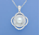 Sterling Silver Pendant with 8-8.5mm Button Shape Freshwater Pearl and Cubic Zirconia - Wing Wo Hing Jewelry Group - Pearl Jewelry Manufacturer
