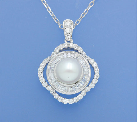 Sterling Silver Pendant with 8-8.5mm Button Shape Freshwater Pearl and Cubic Zirconia