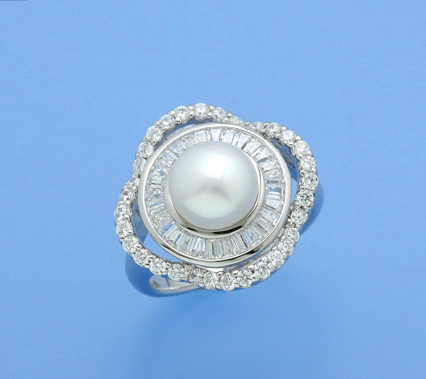 Sterling Silver Ring with 8-8.5mm Button Shape Freshwater Pearl and Cubic Zirconia - Wing Wo Hing Jewelry Group - Pearl Jewelry Manufacturer