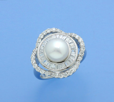 Sterling Silver Ring with 8-8.5mm Button Shape Freshwater Pearl and Cubic Zirconia