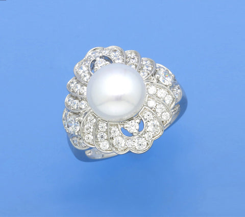Sterling Silver Ring with 9.5-10mm Button Shape Freshwater Pearl and Cubic Zirconia